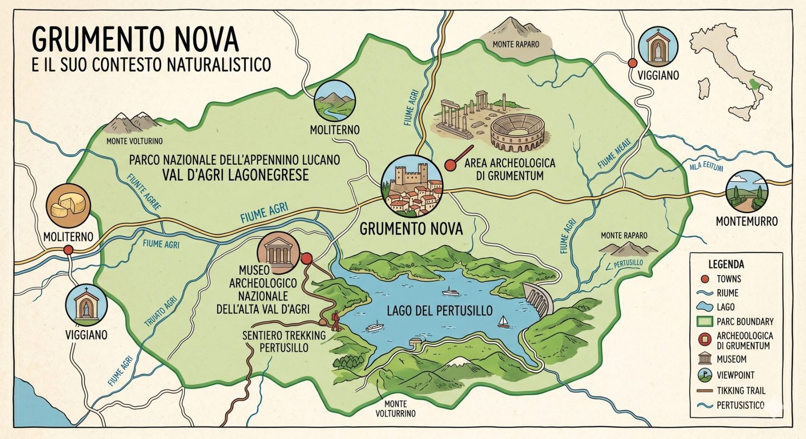 Mappa illustrata di Grumento Nova: Parco Nazionale, Lago del Pertusillo, Grumentum e Val d'Agri