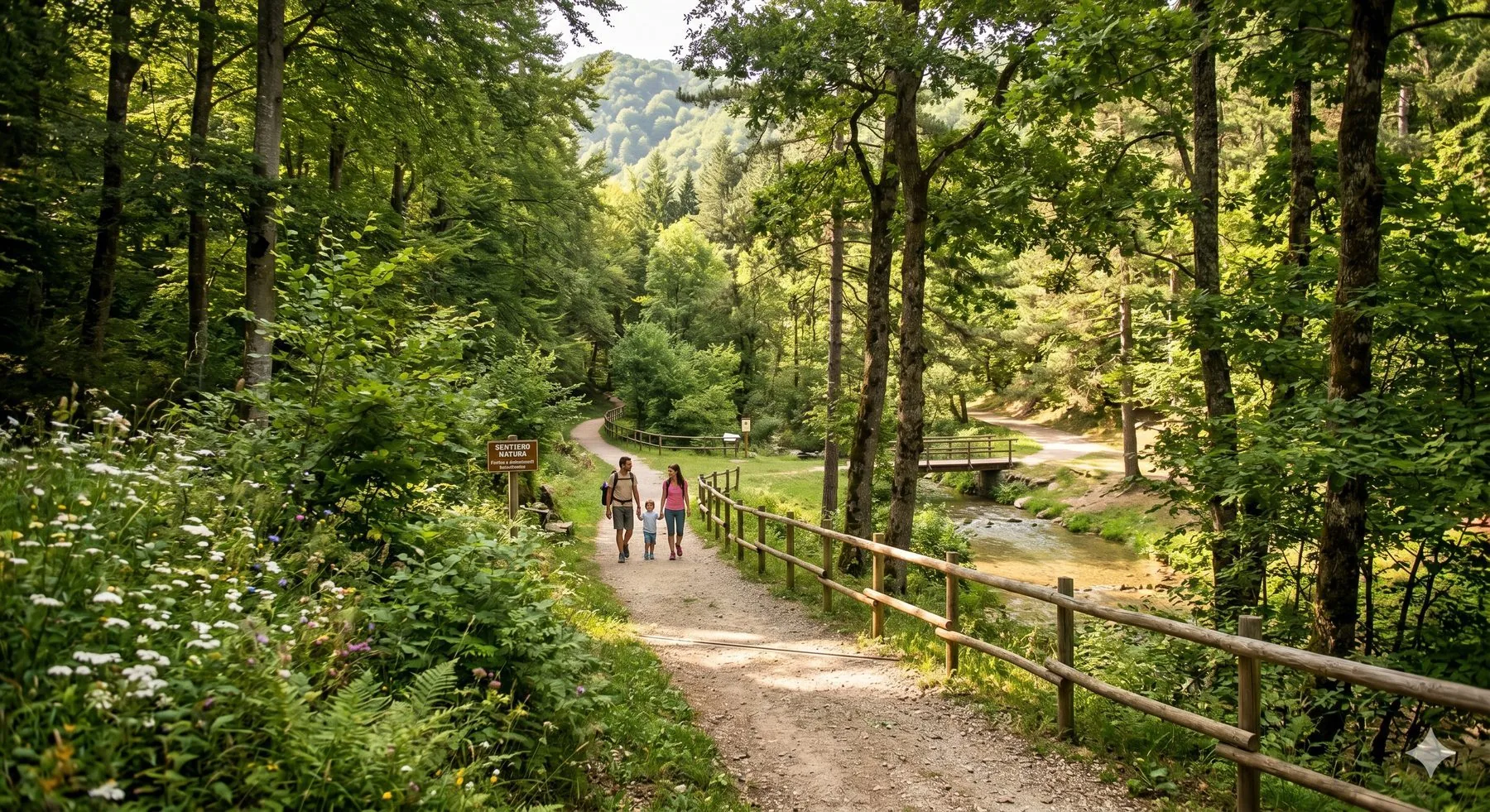 Famiglia su un sentiero natura nel bosco del Parco